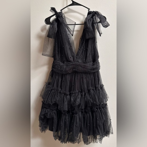 NEW Lulus Black Tulle Beaded Shoulder-Tie Tiered Mini Party Dress Women’s L READ - Picture 5 of 12